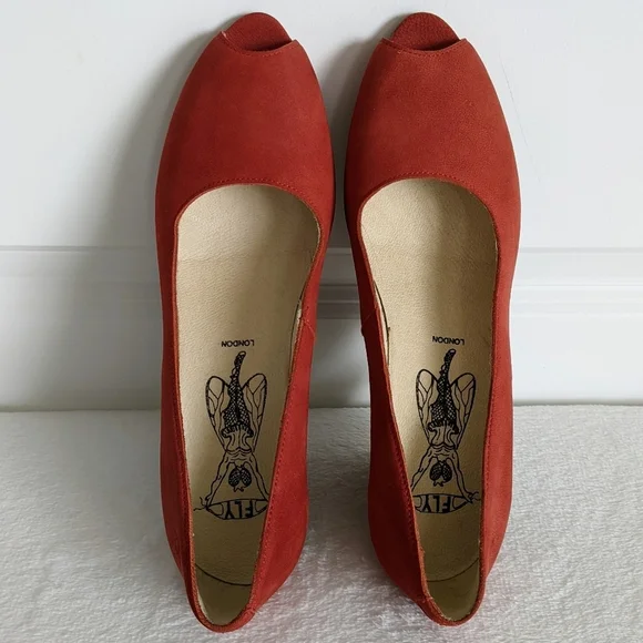 FLY London Suede Peep Toe Beveled Metallic Heel Burnt Orange EU40 9-9.5 NWOB - Picture 8 of 16